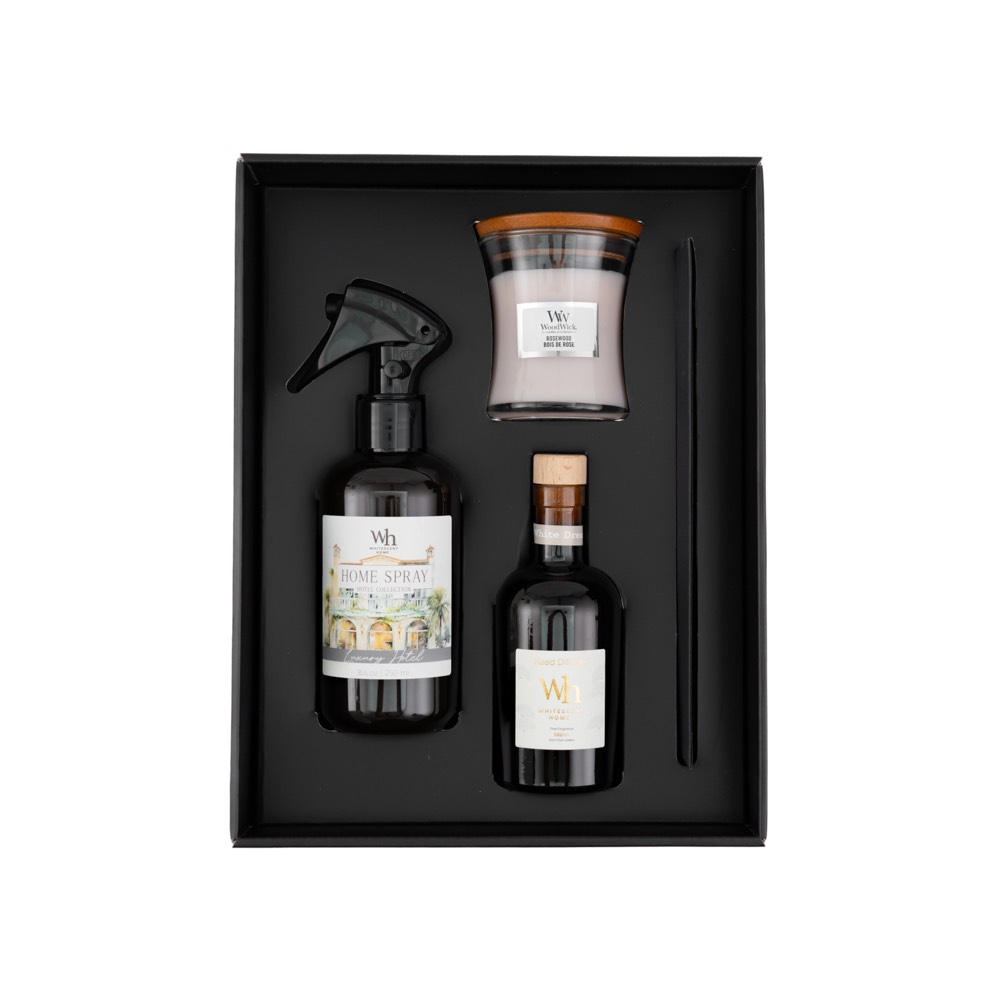 מארז מתנה משולש- נר, מפיץ ריח ומבשם אווירה